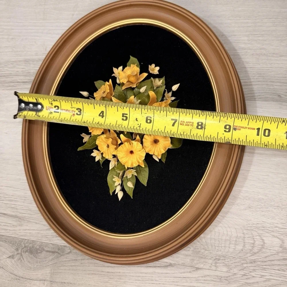 3D Floral Shadow Box Oval Frame Black Velvet Yellow Flowers Cottagecore Vintage